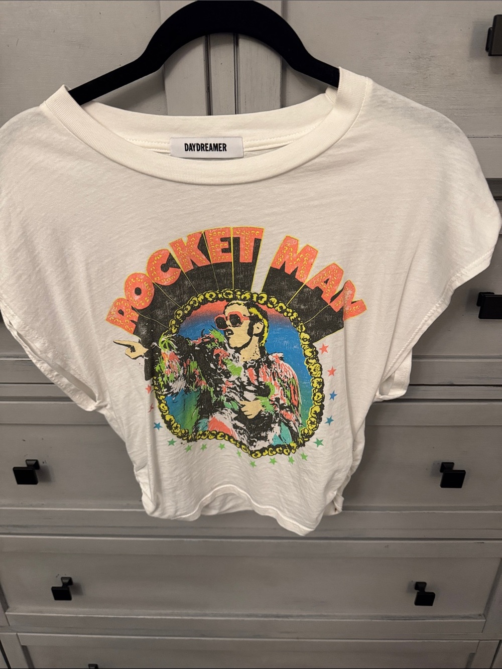Daydreamer White 'Rocket Man' Graphic Tee with Multicolor Retro Print